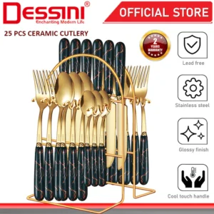 DESSINI ITALY 25 Pcs Stainless Steel Ceramic Cutlery Stand Coffee Tea Serving Table Spoon Fork Knife Tableware Flatware
