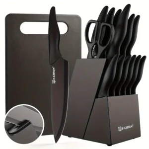 Non-stick Coating Stainless Steel Kitchen Knife Set, 15pcs Professional Kitchen Knife Set with Black Wooden Block, Non-slip ABS Handle for Chef Knives, Plastic Cutting Board and Kitchen Shears, Natural Black Wood Block
