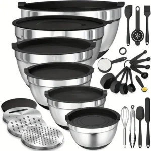 17pcs Stainless Steel Mixing Bowl Set with Sealing Lids & Grater - Non-Slip, Rust-Resistant Kitchen Gadgets for Salads & More - Includes 7QT to 1QT Sizes